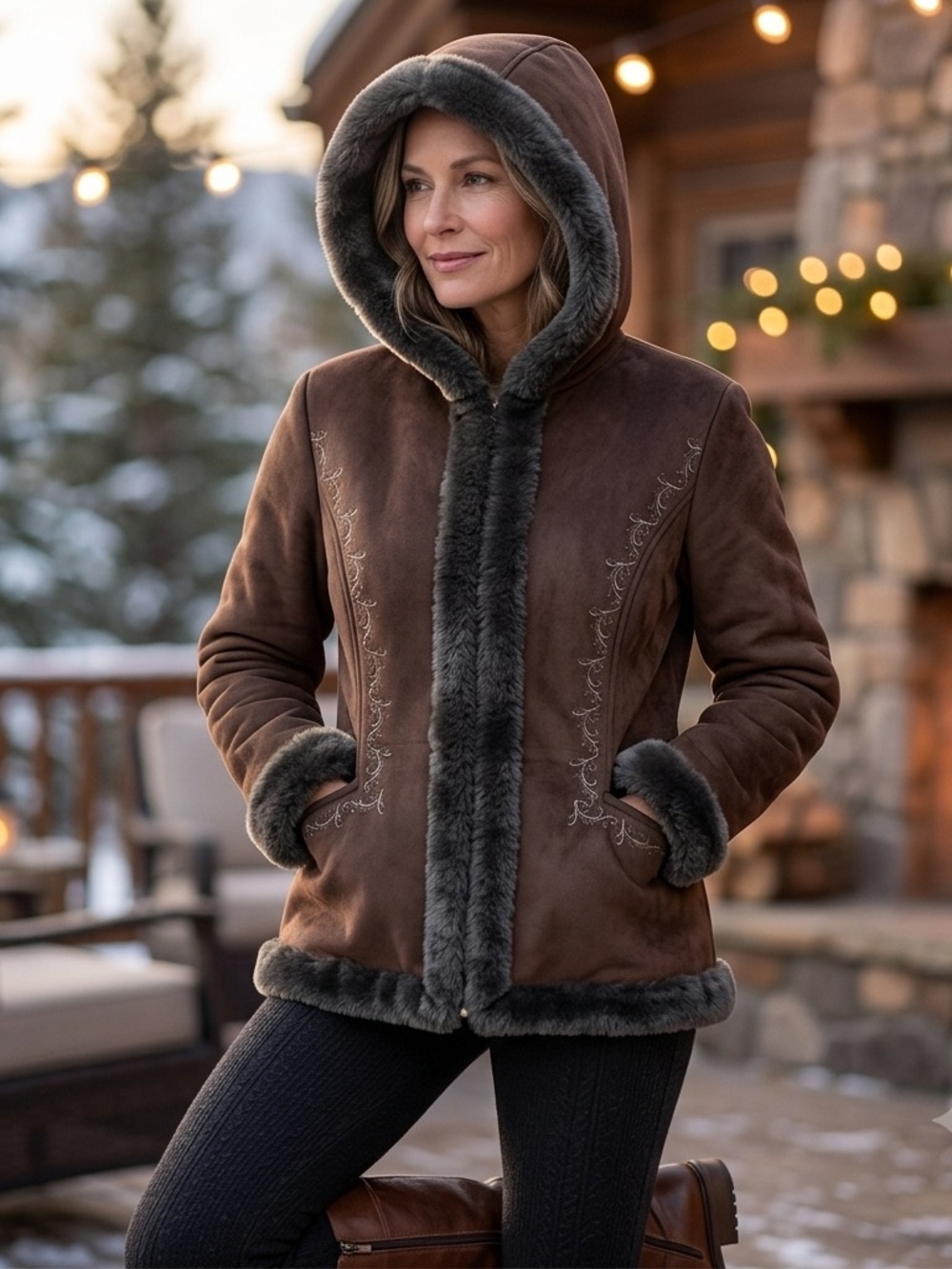 Y2k‎ Penny Lane Women's L Embroidered Brown Faux Suede Fur Trim Hooded Jacket
